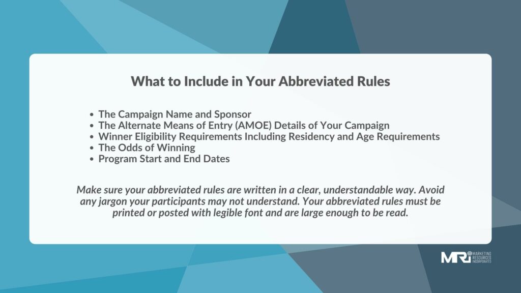 Sweepstakes Legal Administration Abbreviated Rules